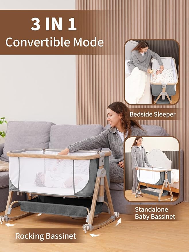 Baby Bassinet Bedside Sleeper - 3 in 1 Bassinets with Waterproof Sheets, Soft Mattress and Breathable Mesh, Adjustable Height Bedside Bassinet for Baby with Wheels, Storage Basket, Gray-CubbioJoy