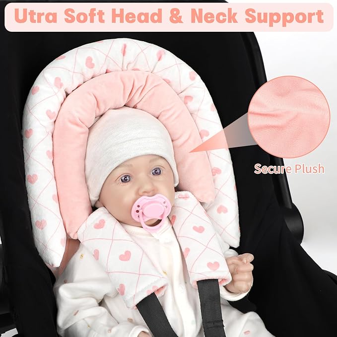 Infant Car Seat Insert, HNHUAMING Baby Car Seat Head & Body Support with 2 Strap Pads, Ultra Soft Newborn Preemie Carseat Insert Cushion for Girls Boys, Fits Car Seat, Stroller, Swing, Bouncer, Pink-CubbioJoy