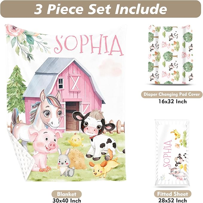 Custom Name Crib Bedding Set - Animal House Design, Personalized Baby Nursery Bedding 3-Piece Set– Soft Blanket, Fitted Sheet, Changing Pad Cover – for Newborns Girls Nursery Gifts-CubbioJoy