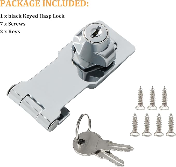 Alise Keyed Hasp Lock,3 Inch Safety Packlock Clasp Hasp Lock Latch with Lock,Door Hinge Lock with Keys Keyed Locking Hasp for Cabinets Closets Doors,Chrome-CubbioJoy