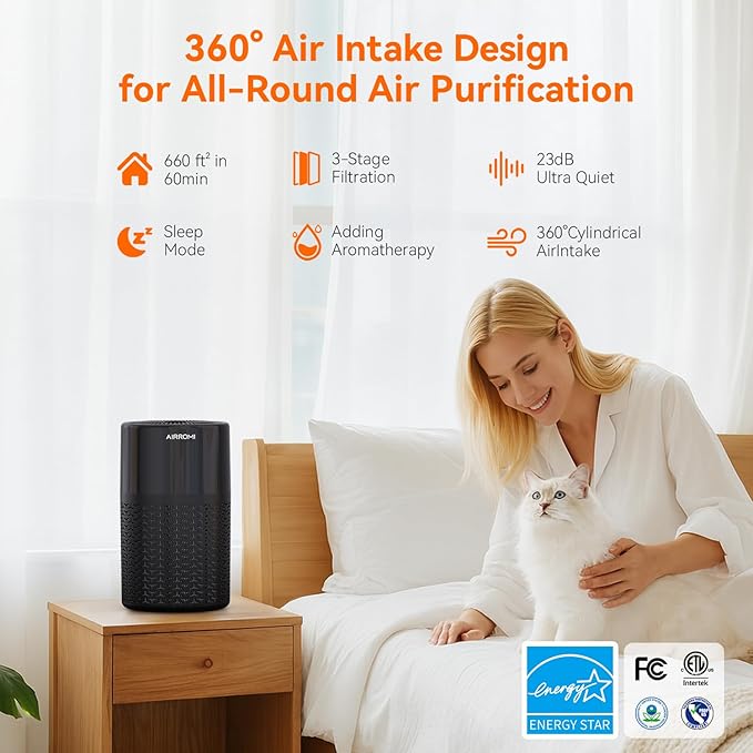 AIRROMI Pets Air Purifier for Home Allergies,Up to 660 ft².Yellow Deodorizing Activated Carbon Filter,With Fragrance Sponge for Better Sleep,Night Light,Pet Dander,Smoke,Odors,Air Cleaner A2002 Black-CubbioJoy