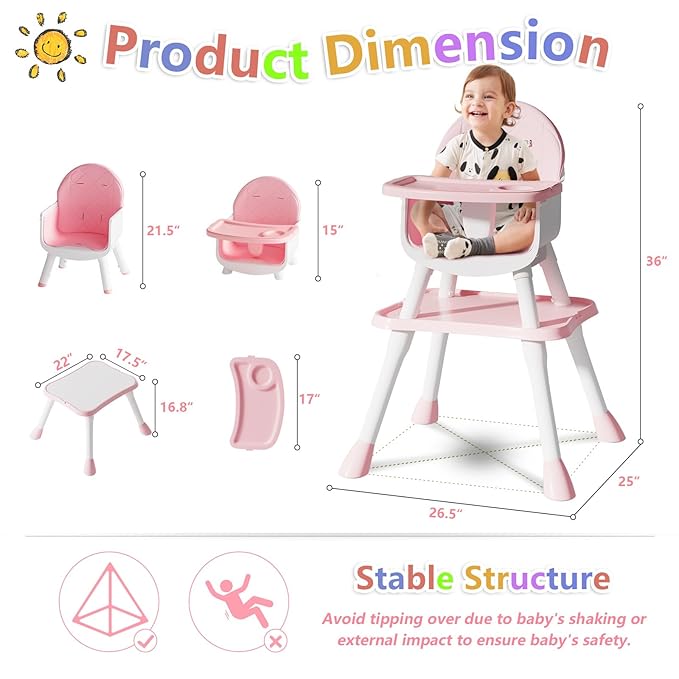 6 in 1 Baby High Chair for Babies and Toddlers, Booster Seat, Kids Learning Table & Chair (Pink)-CubbioJoy