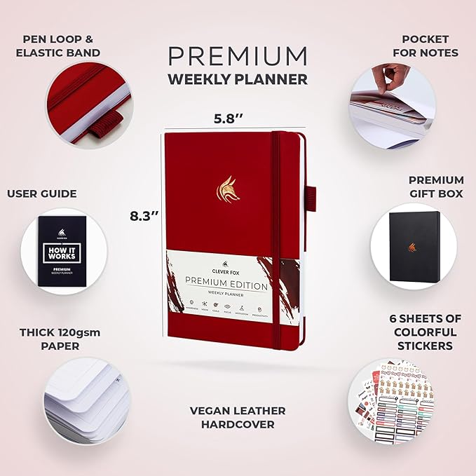 Clever Fox Planner Premium Edition – Undated Luxurious Weekly & Monthly Planner to Increase Productivity and Hit Your Goals – Organizer – Start Anytime, A5, Lasts 1 Year, Red (Weekly)-CubbioJoy