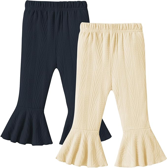 2 Pack Toddler Baby Girl Pants Flare Leggings Ribbed Knit Newborn Bell Bottoms Solid Ruffle Infant Pants for Girls-CubbioJoy