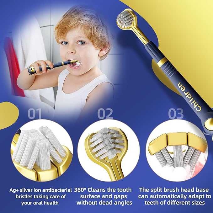 3 Sided Toothbrush for Kids, Japanese Design Triple-Angle Toothhugger, Cartoon Bear Design for Autism Toddlers, Kids Toothbrush for Aged 3-12, Soft Bristles for Gentle Gum Care (3Pack)-CubbioJoy