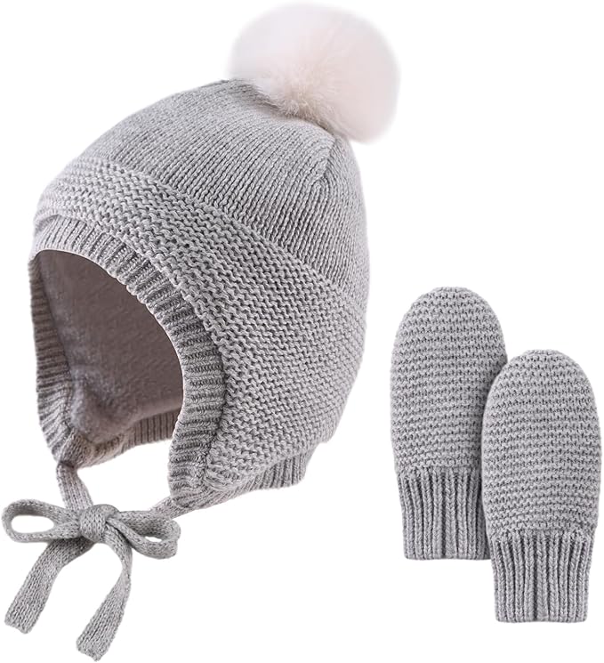 Basic Winter Baby Beanie Gloves Boys Girls Knitted Hat Pompom Kids Earflap Hats Warm Infant Toddler Beanie Mittens Set-CubbioJoy