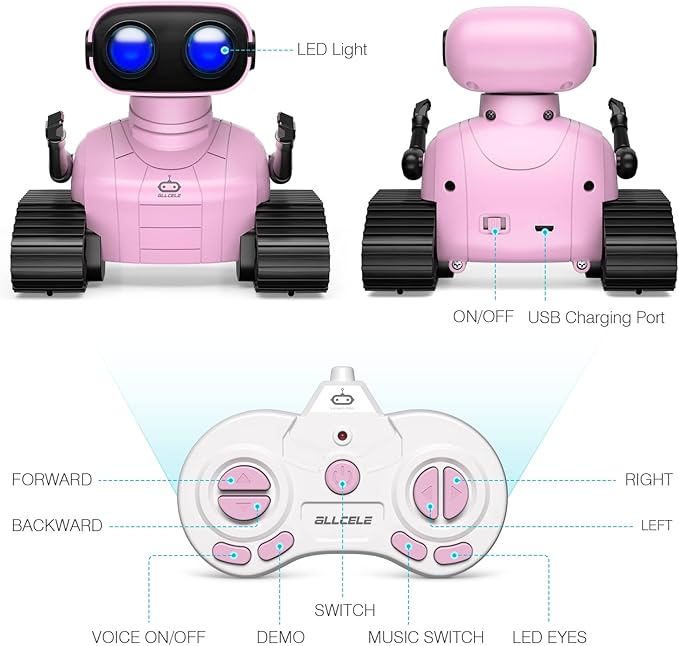 ALLCELE Girls Robot Toy, Rechargeable RC Robot for Kids, Remote Control Toy with Music and LED Eyes, Gift for Children Age 3 Years and Up - Pink-CubbioJoy