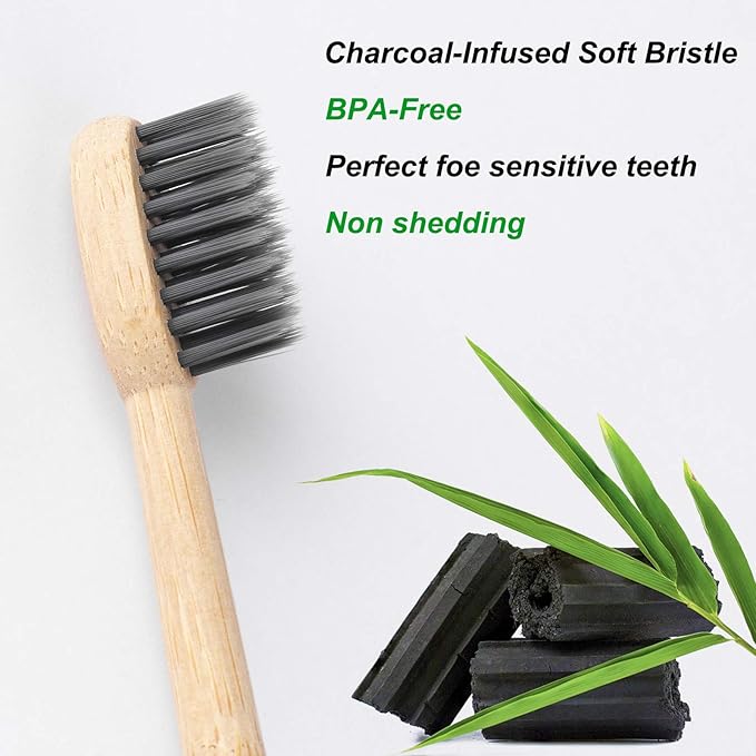 Biodegradable Bamboo Charcoal Toothbrushes, Soft Bristle, Eco-Friendly, Sustainable, BPA Free, Organic, Compostable, Travel Toothbrushes, 6 Pack-CubbioJoy
