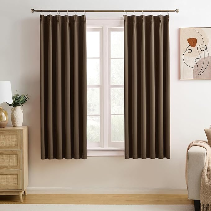 KEQIAOSUOCAI Pleated Blackout Curtains 45 Inches Long, Thermal Insulated Room Darkening Bedroom Drapes 2 Panels Set Burg Pinch Pleats Viral Curtains for Kids Room/Living Room(Brown,40"x 45"x 2 PCs)-CubbioJoy