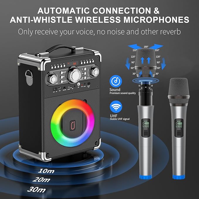 Karaoke Machine with 3 Wireless Microphones for Adults, Portable Bluetooth Party Speaker with Echo Adjustment, Singing Machine Support TWS/USB/TF Card/Guitar/TV Connected for Outdoor/Events etc-CubbioJoy