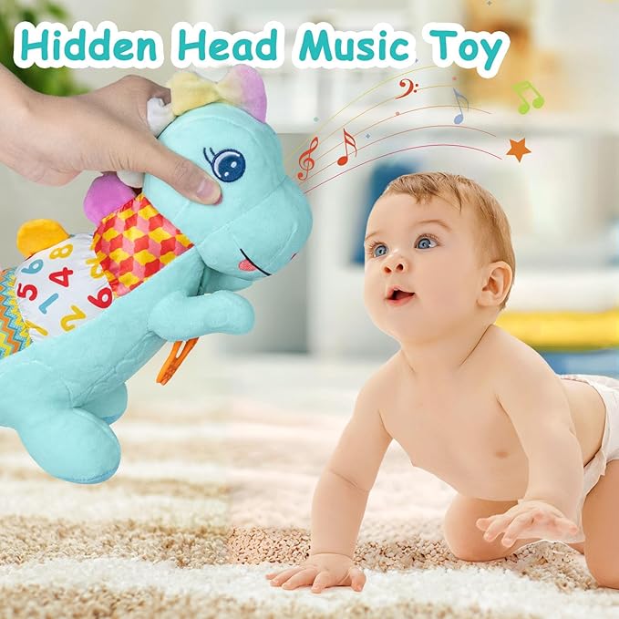 Baby Dino Plush Soft Stuffed Animal Toy for 0-3-6-12+ Months,Infant Musical Toy with Rattle,Squeaker,Sensory Crinkle,Teether & Textures,Tummy Time Toys Christmas Baby Gift for Newborn Girl Boy (Blue)-CubbioJoy