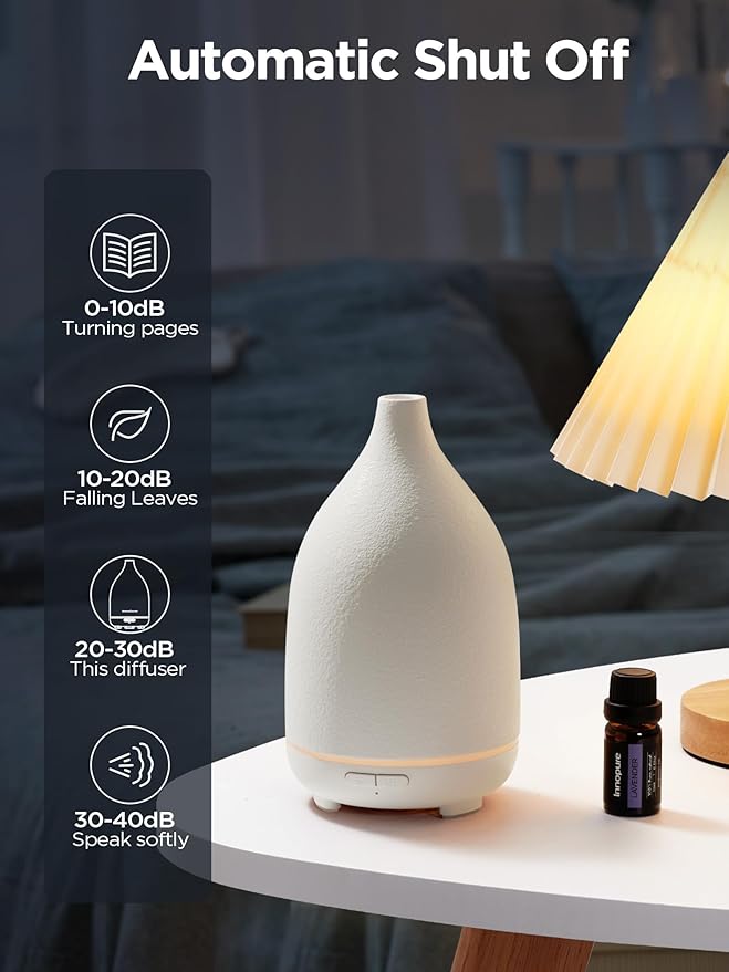 InnoGear Oil Diffuser, 150ML Ceramic Diffuser for Essential Oils Handcrafted Aromatherapy Diffuser Ultrasonic Cool Mist Humidifier with 2 Mist Modes Waterless Auto Off for Room Office, White Base-CubbioJoy