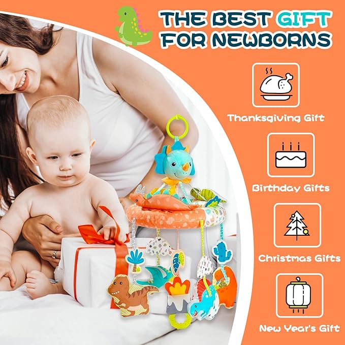 Jollybaby Nursery Baby Automatic Rotating Dinosaur Crib Mobile with Music Box & Arm, Montessori Sensory Musical Hanging Toy for Bassinet, Newborn Clip on Crib Mobile Soother Toy Gift, Polyester-CubbioJoy