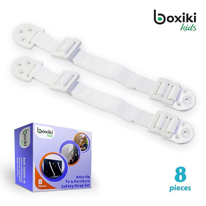 Boxiki Kids Adjustable Anti-Tip Furniture Anchors for Baby Proofing and Dresser Anchoring Kit. 8 PC Wall Anchors and Earthquake Straps. Baby Safety Kit and Home Safety Furniture Straps (White)-CubbioJoy
