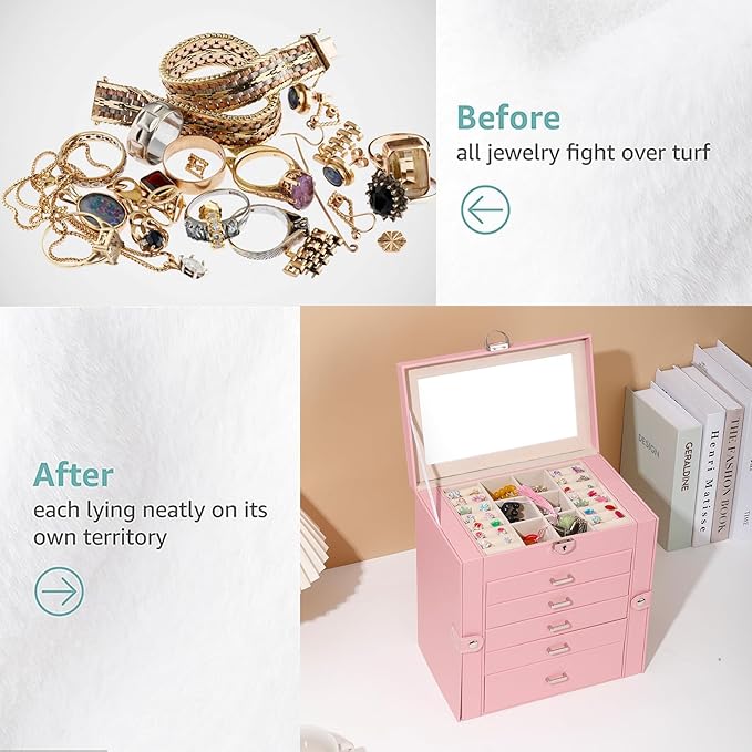 BOOVO Jewelry Box For women, 6 Layer Large Jewelry Organizer With Mirror, Multi-Function Storage Box With Lock, Accessory Holder With 5 Drawers, For Earrings Necklace Ring Bracelet (Pink)-CubbioJoy