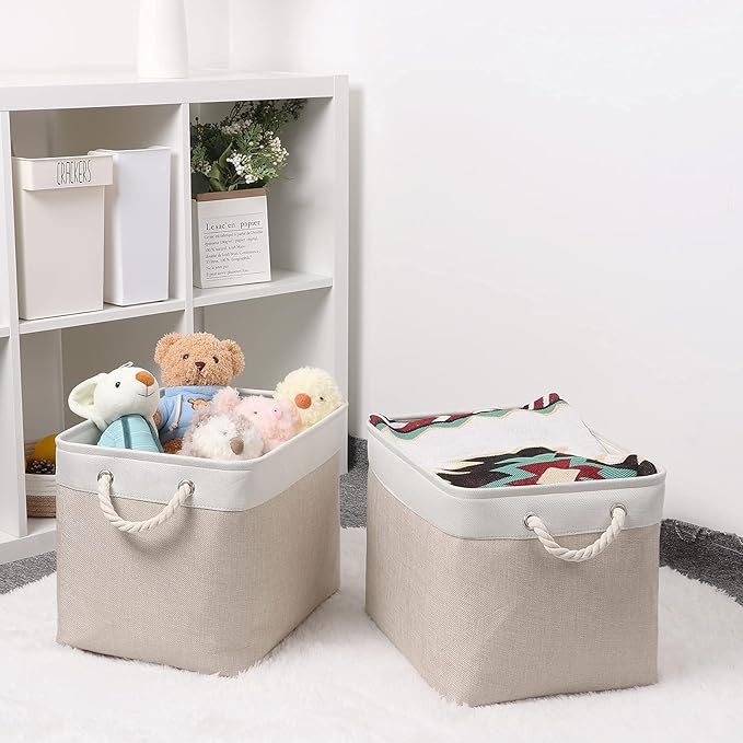 Bidtakay Beige Storage Basket Large Fabric Cloth Baskets [2-Pack] Tall Rectangular Shelf Baskets 16X11.8X11.8 in Canvas Collapsible Storage Bins with Handles for Organizing Living Room(White&Beige)-CubbioJoy