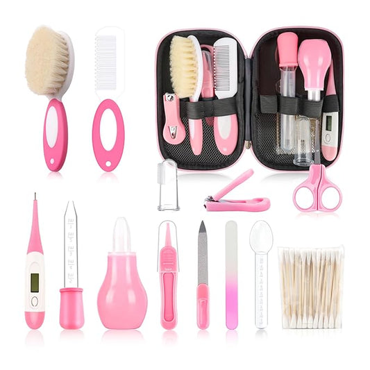 Baby Grooming Kit，Infant Safety Care Setwith Hair Brush Comb Nail Clipper Nasal Aspirator, Baby Essentials Kit for Newborn Girls Boys (14 PC-Pink Kit)-CubbioJoy