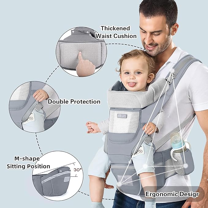 Baby Carrier Ergonomic Infant Carrier with Hip Seat Kangaroo Bag Soft Baby Carrier Newborn to Toddler 7-45lbs Front and Back Baby Holder Carrier for Men Dad Mom (Grey)-CubbioJoy
