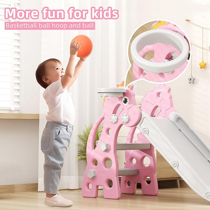 67i Toddler Slide for Indoor & Outdoor Play with Basketball Hoop, Anti-Slip Steps, 46.8in Baby Climber (Pink)-CubbioJoy