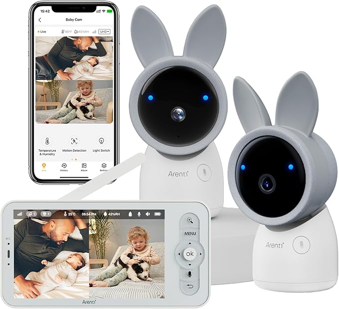 ARENTI Baby Monitor with 2 Cameras, Cry&Motion Detection, 2K Smart Baby Camera with 5'' Upgraded Wireless Display, 2 Way Audio, Super Night Vision, Lullabies, Breathing Light, Temp&Humidity Sensor-CubbioJoy