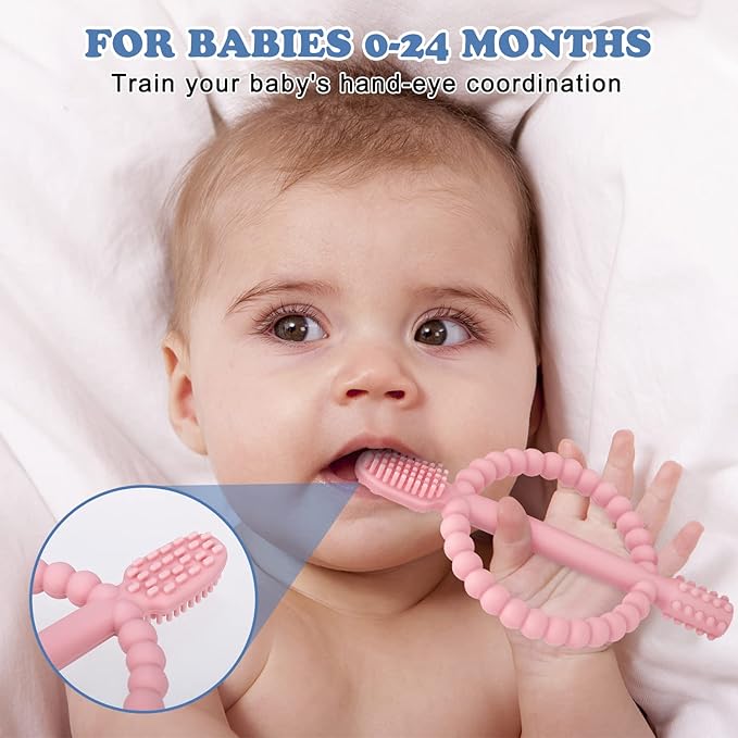 Baby Teething Toys with Easy-Hold Handle, Silicone Infant Toothbrush, Textured On Both Sides Helps Massage, Soothe Sore Gums, Teething Toys for Babies 0-6 Months, 6-12 Months-CubbioJoy