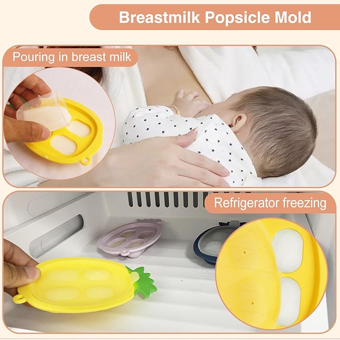 Baby Fruit Food Feeder - Silicone Nibble Tray Combo - Breastmilk Popsicle Mold for Cooling Relief, BPA Free Mesh Feeder for Infant Self Feeding (Monkey Pink + Pineapple)-CubbioJoy