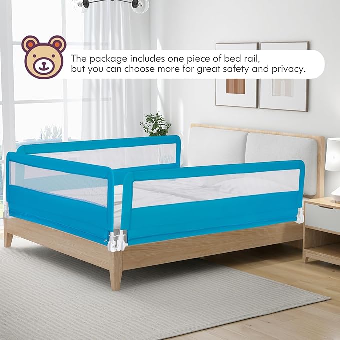 BABY JOY Bed Rails for Toddlers, 71'' Extra Long, Upgraded Swing Down Bed Guard w/Safety Strap, Folding Baby Bedrail for Kids Twin, Double, Full Size Queen & King Mattress (71-Inch, Blue)-CubbioJoy