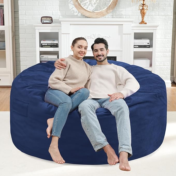 4FT Bean Bag Chair, Large Bean Bag Chairs with Memory Foam Filled, Fluffy Beanbag Sofa with Dutch Velvet Cover, Round BeanBag Chairs for Living Room, Playroom - Blue-CubbioJoy