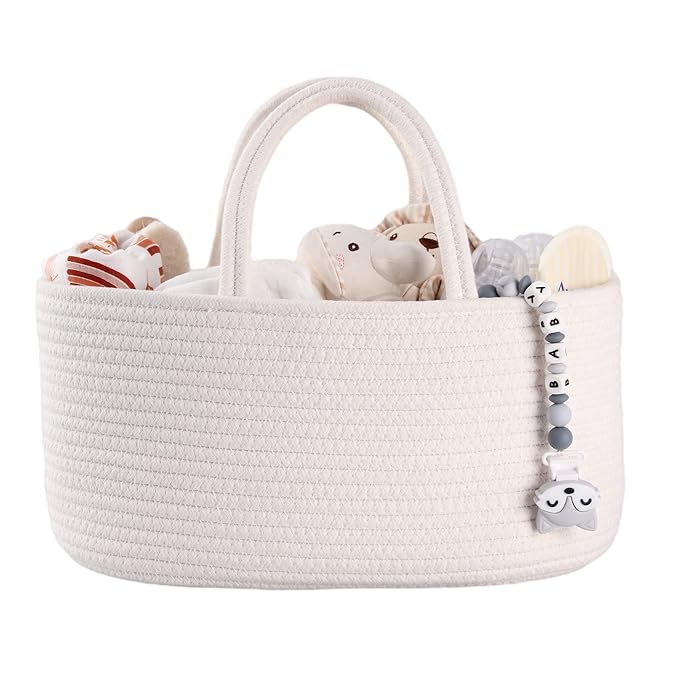 Baby Diaper Caddy Organizer for Girl Boy Cotton Rope Nursery Storage Bin Basket Portable Holder Tote Bag for Changing Table Car Travel Baby Shower Gifts Newborn Essentials Registry Must Haves White-CubbioJoy