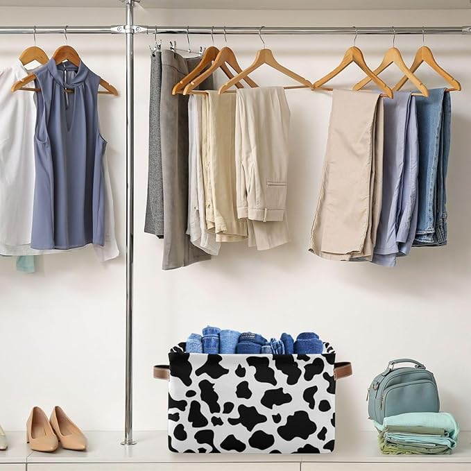 Black White Cow Skin Print Storage Basket Cube Storage Bins Organizer Bag Collapsible Closet Shelf Baskets with handle for Baby Cloth Pet Toy Book 14.2×10.2×8.3 IN-CubbioJoy