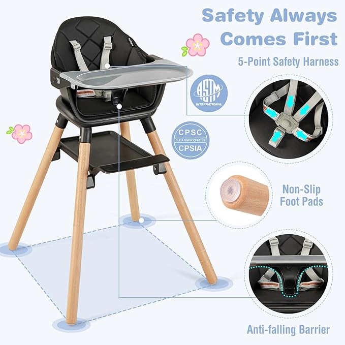 BABY JOY Baby High Chair, 6 in 1 Convertible Wooden High Chair for Babies & Toddlers with Adjustable Legs, Double Removable Tray, Safety Harness & Waterproof PU Cushion (Black)-CubbioJoy