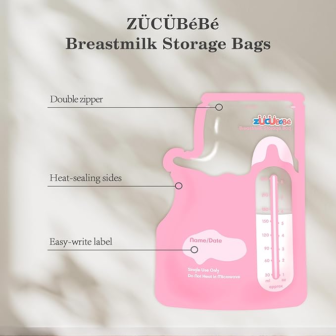 Breastmilk Storage Bags(50 Count)，8oz Milk Storage Bags for Breastfeeding，BPA Free with Easy Pour Spout, Self Standing, for Refrigeration and Freezing Red-CubbioJoy
