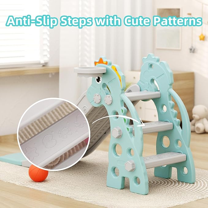 67i Toddler Slide for Indoor & Outdoor Play with Basketball Hoop, Anti-Slip Steps, 46.8in Baby Climber (Green)-CubbioJoy