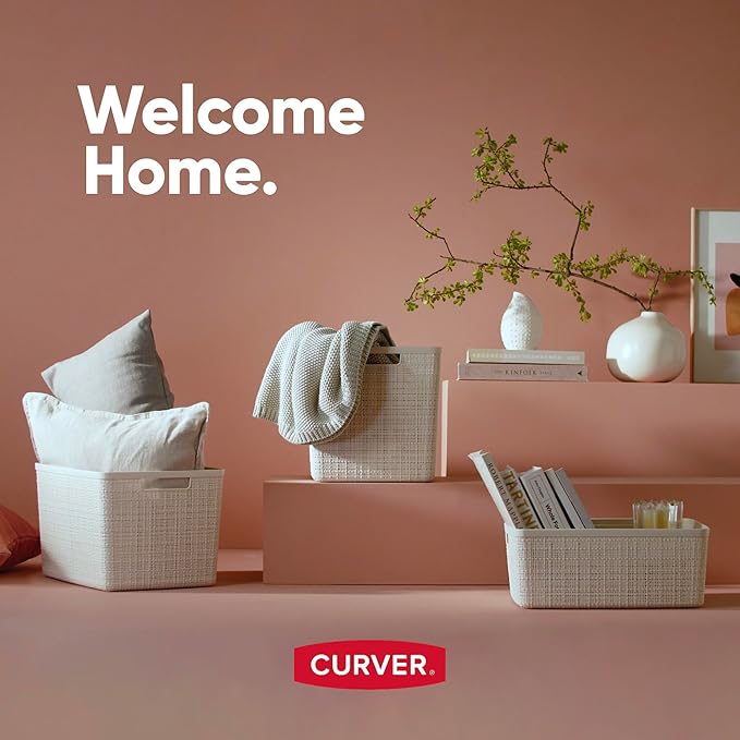 Curver Set of 4 Jute Large Decorative Plastic Organization and Storage Baskets, Perfect Bins for Home Office, Closet Shelves, Kitchen Pantry and All Bedroom Essentials, White-CubbioJoy