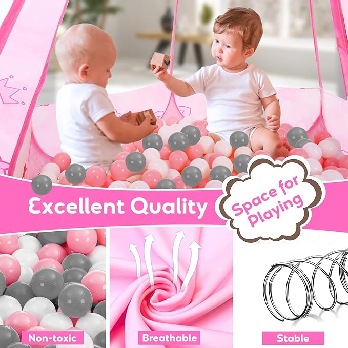 Baby Ball Pit for Toddler with 50 Balls, Kids Pop Up Play Tent for Girls, Princess Toys for Children Indoor Outdoor Playhouse with Carry Bag-CubbioJoy