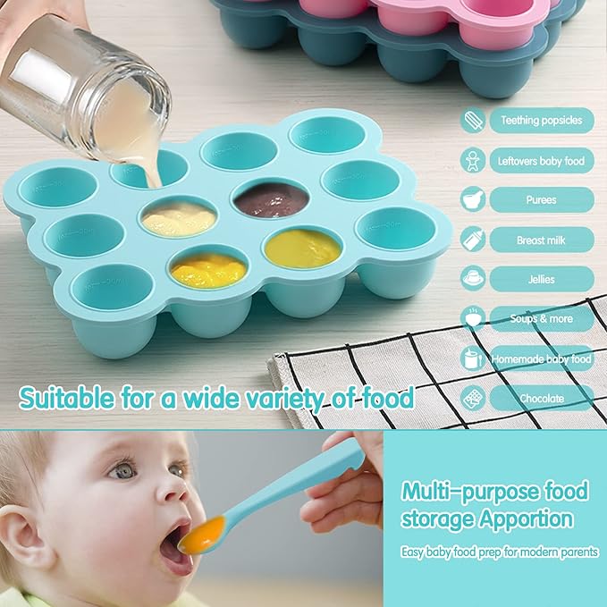 12x1.5oz Baby Food Freezer Tray with Clip Lid Light Green | Food Grade Silicone Storage Containers for Purees & Vegetables-CubbioJoy