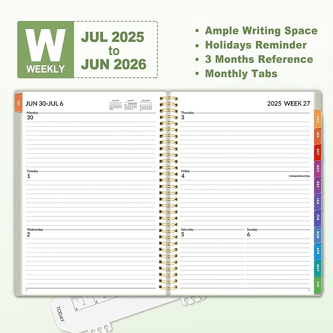SUNEE Academic Planner 2025-2026 Weekly and Monthly, July 2025-June 2026, 8.5"x11", Tabs, Note Pages, Pockets, Bookmark, Flexible Cover, Spiral Binding, Sage Green-CubbioJoy