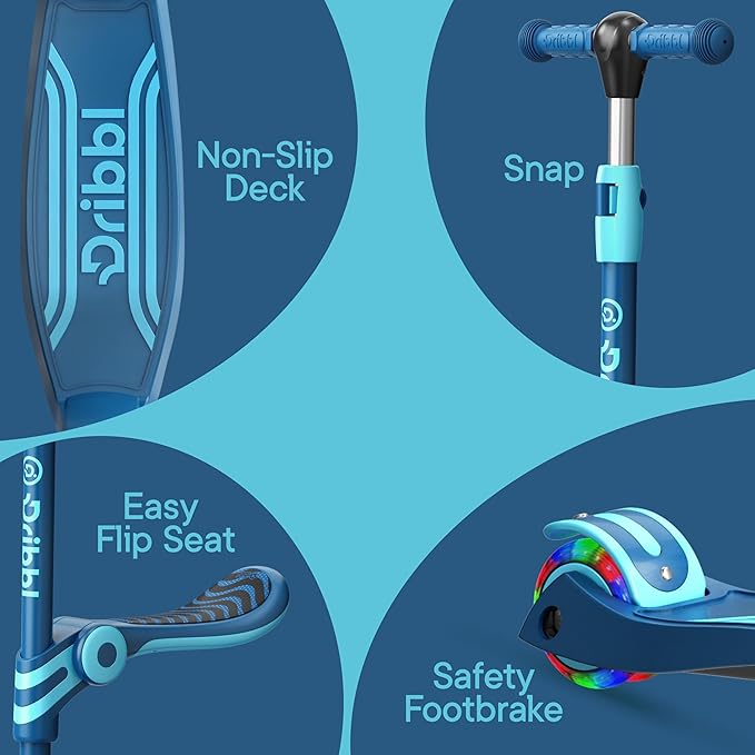 Blue 3 Wheel Scooter with Seat for Kids – Light-Up LED Wheels, Adjustable Handlebar and Seat, Smooth PU Wheels, Wide Anti-Slip Deck, Rear Foot Brake – Toddler Outdoor Toys for Ages 2+-CubbioJoy