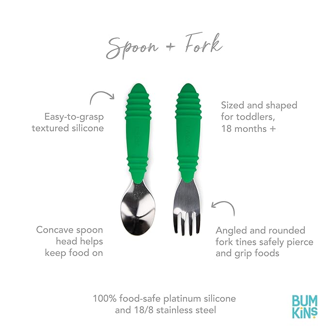 Bumkins Toddler Utensils, Kids Size Fork and Spoon Set, Silicone and Stainless-Steel Training Silverware, Fork / Spork for Self-Feeding, Children Hold Learning to Eat, 18 Months Up, Jade Green-CubbioJoy