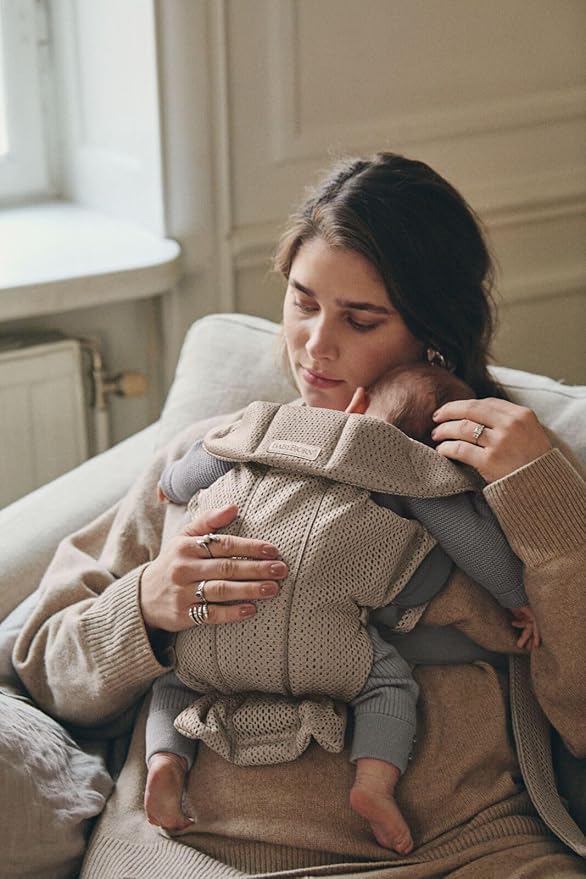 BabyBjörn Baby Carrier Mini, Gray Beige, 3D Mesh Newborn Carrier (7-25 lbs), Ergonomic, Easy-to-Use-CubbioJoy