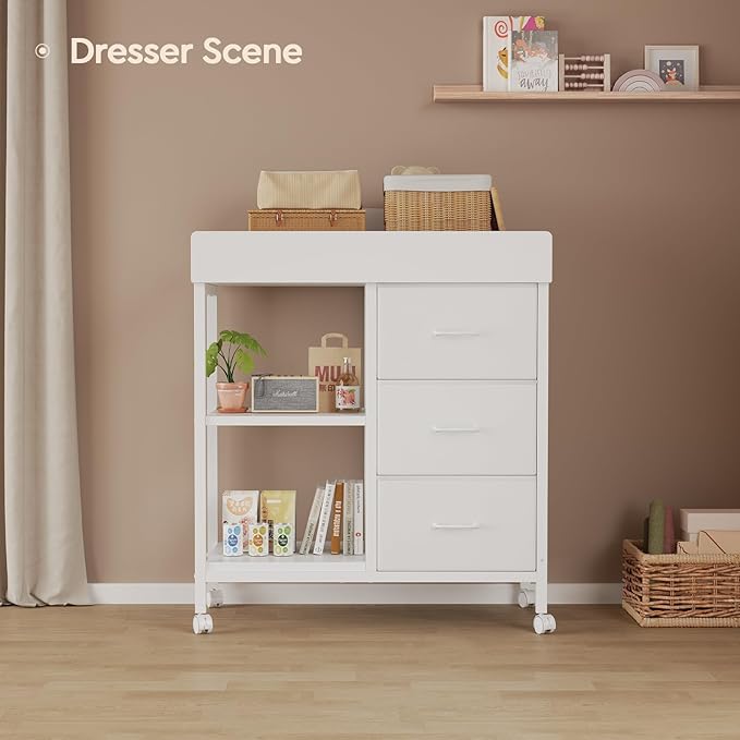 Changing Table Dresser, Baby Dresser with 3 Fabric Drawers and 2 Shelves, Multi-Functional Baby Changing Table with Pad, Classic Nursery Dresser, Diaper Changing Station for Nursery, White-CubbioJoy