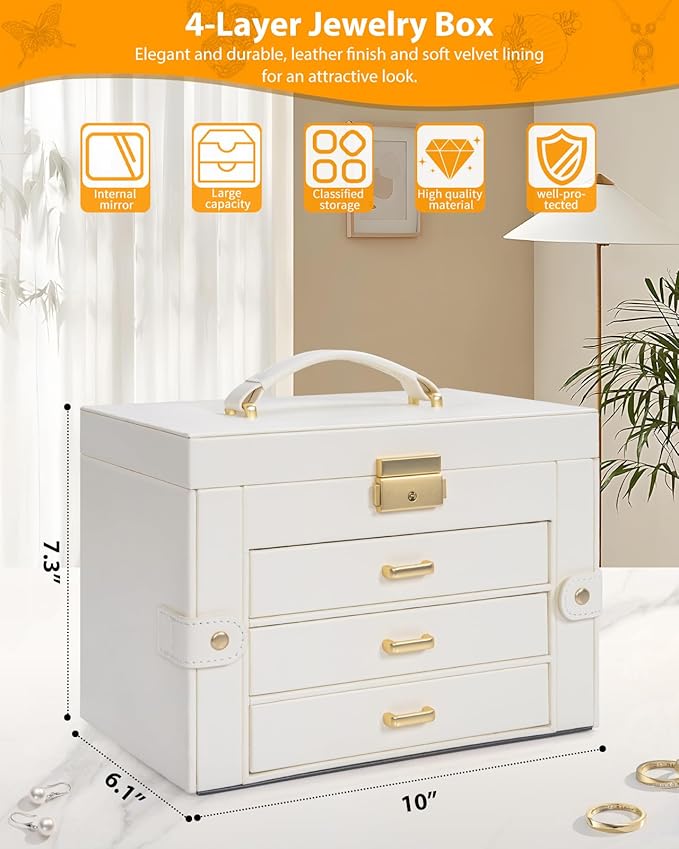 AKOZLIN Large 4-Tier Jewelry Box Leather Jewelry Storage Organizer with 3 Drawers Lockable for Women Girls Ring Necklace Earring Bracelet Watches Holder with Mirror White-CubbioJoy