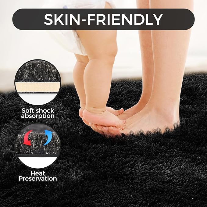 5X8 Ultra Soft Rug for Living Room, Fluffy Shag Area Rug for Bedroom, Modern Shaggy Carpets Fuzzy Rug for Teens Dorm Nursery Home Decor Aesthetic, Upgrade Anti-Skid Durable, Black-CubbioJoy