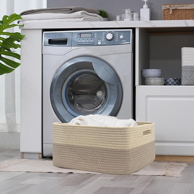 COMFY-HOMI Cotton Rope Woven Basket with Handles for Shelves,Toys,Book, Cloth Storage Baskets for Organizing-17" x 13" x 7.5" Toy Decorative Organizer for Living Room, Bathroom （Beige brown）-CubbioJoy