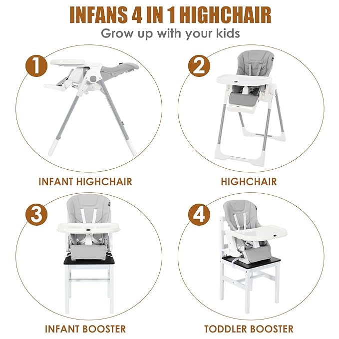 INFANS High Chair for Babies & Toddlers, Foldable Highchair with Multiple Adjustable Backrest Footrest Seat Height, Removable Tray, Detachable PU Leather Cushion Wheels (with Booster, Light Grey)-CubbioJoy