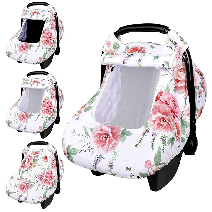 Baby Carseat Cover Girls, Pea Pod Floral Infant Car Seat Covers Canopy for Newborn with 2 Layers Windows of Breathable Mesh/Fabric, Lightweight Polyester/Minky Dot Backing, Snug Fit Most Baby Car Seat-CubbioJoy