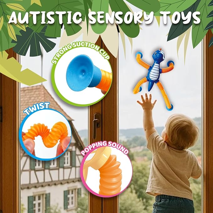 Dinosaur Pop Tubes Toys LED Light Up Mini Figures Fidget Sensory Toys Dino Telescopic Suction Cup Gift Sets, Toddler Autism Stress Relief Party Favors Prizes Stocking Stuffers for Kids 3+-CubbioJoy