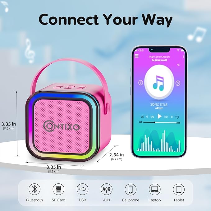 Contixo KS1A Kids Mini Karaoke Machine with LED Lights, 7–10H Playback, Dual Wireless Mics, Magic Voice Effects, Bluetooth Speaker for Children, Portable Singing Toy Gift for Boys & Girls, Pink-CubbioJoy