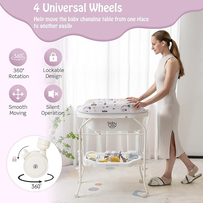 BABY JOY Baby Bathtub with Changing Table, Foldable Infant Diaper Changing Station with Storage Tray, Waterproof Pad, Portable Newborn Nursery Organizer Bath Stand with 4 Universal Wheels (White)-CubbioJoy