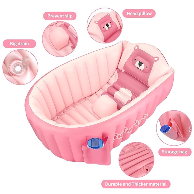 Inflatable Baby Bath Tub Portable Foldable Travel Mini Swimming Pool Helps Infants to Toddler Tub (Pink)-CubbioJoy